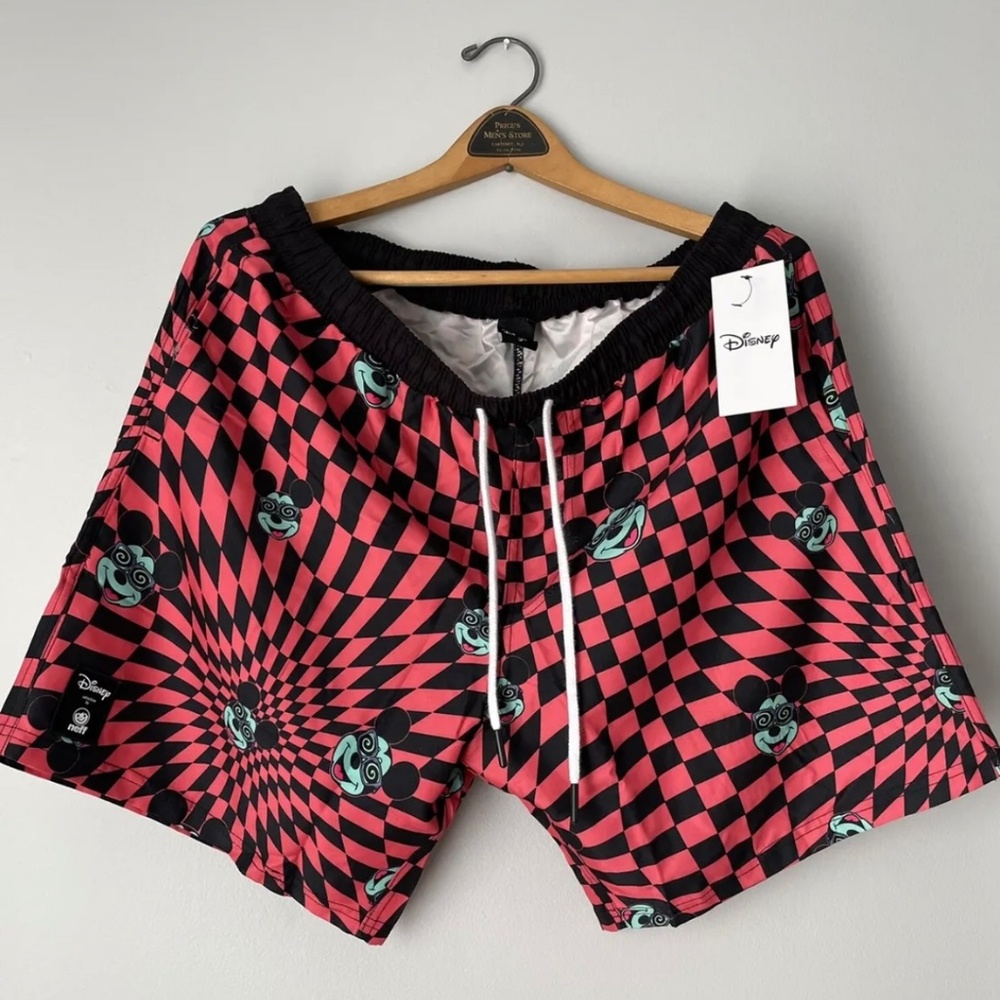 NEFF DISNEY MICKEY MOUSE BLACK RED CHECKERED SWIM BOARD SHORTS Men's LARGE NWT